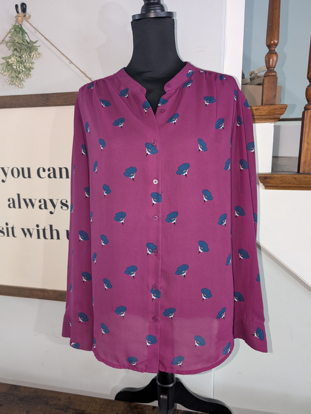 Womens Button-Front Blouse in Berry with Teal Floral Print XXL